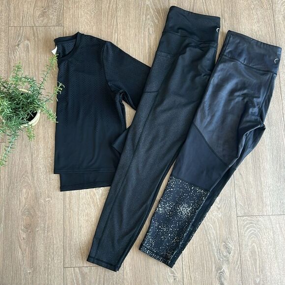 ((3 PIECE)) ZYIA ACTIVE BUNDLE SIZE 12/LARGE EUC- 2 LEGGINGS AND LS SHIRT - Picture 1 of 13